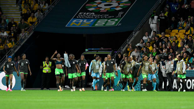 Nigeria players pictured celebrating a goal during their 3-2 win over Australia at the 2023 FIFA Women's World Cup